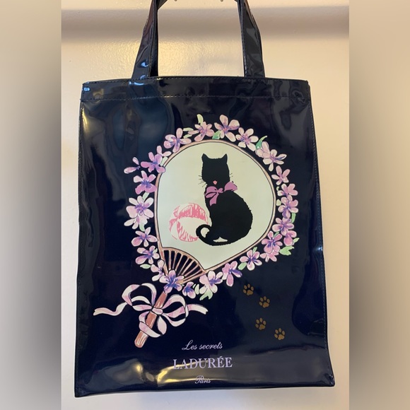 Rare Ladurée Paris Les Secrets Patent Navy Cat Large Tote Bag Hard to Find Print - Picture 6 of 15